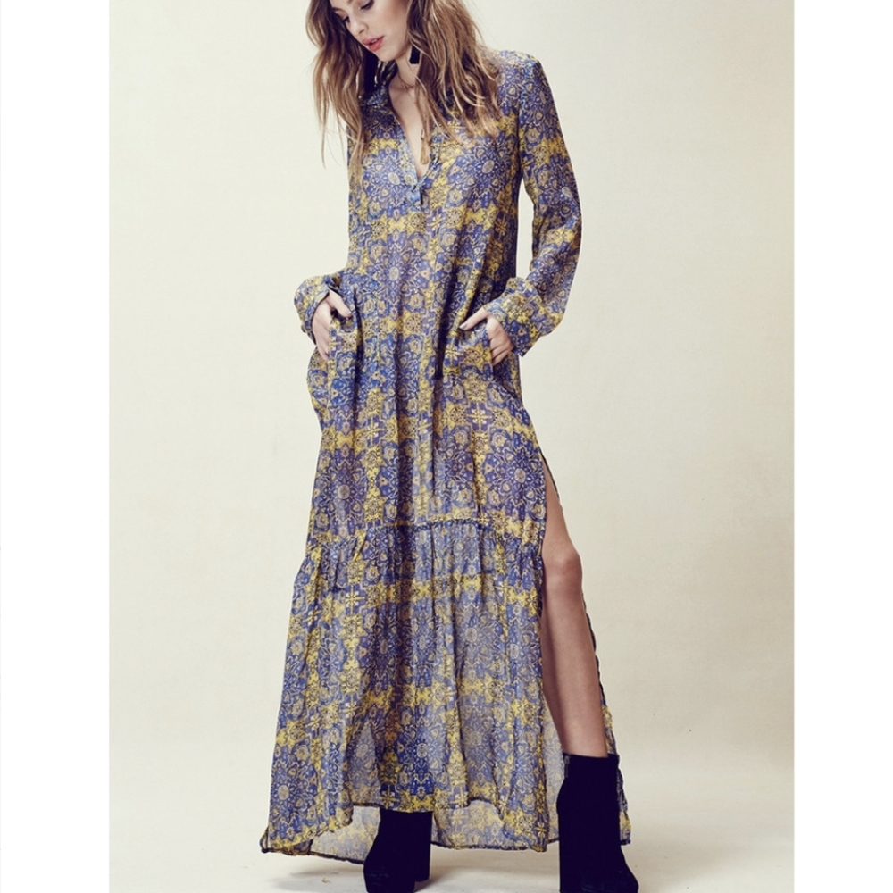 For Love & Lemons Floral Maxi Dress in Blue and Yellow
